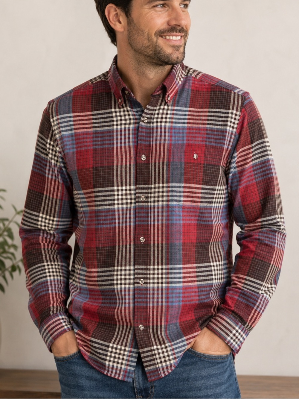 Vintage Par Four Men's Plaid Button-Down Shirt in Red and Blue